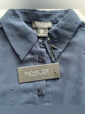 NWT Rachel Zoe Sheer Navy Blouse w. Beaded Embellishments